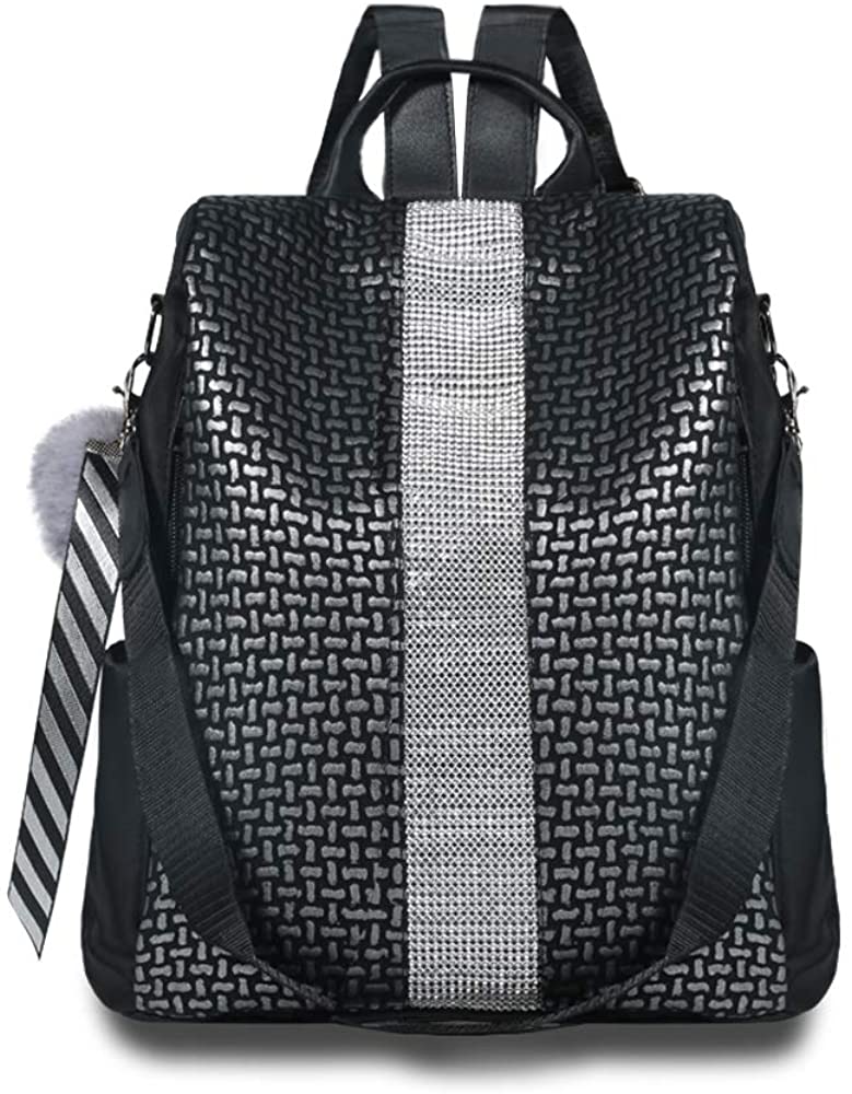 Price:$23.99    Women Backpack Waterproof Anti-theft Lightweight PU Leather Nylon Purse Shoulder Bag Travel Backpack Ladies(Silver Black)  Clothing