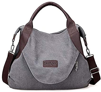 Price:$30.99    xiaoxiongmao Large Pocket Casual Women's Shoulder Cross body Handbags Canvas Leather Bags Grey  Clothing