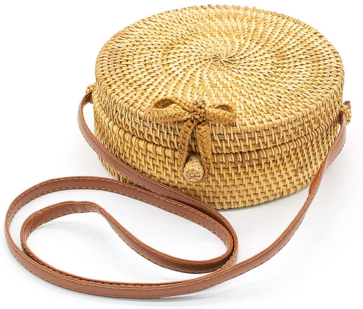 Price:$9.99 Women Handwoven Round Shoulder Rattan Bag Leather Strap (Butterfly Buckle)  Handbags   
