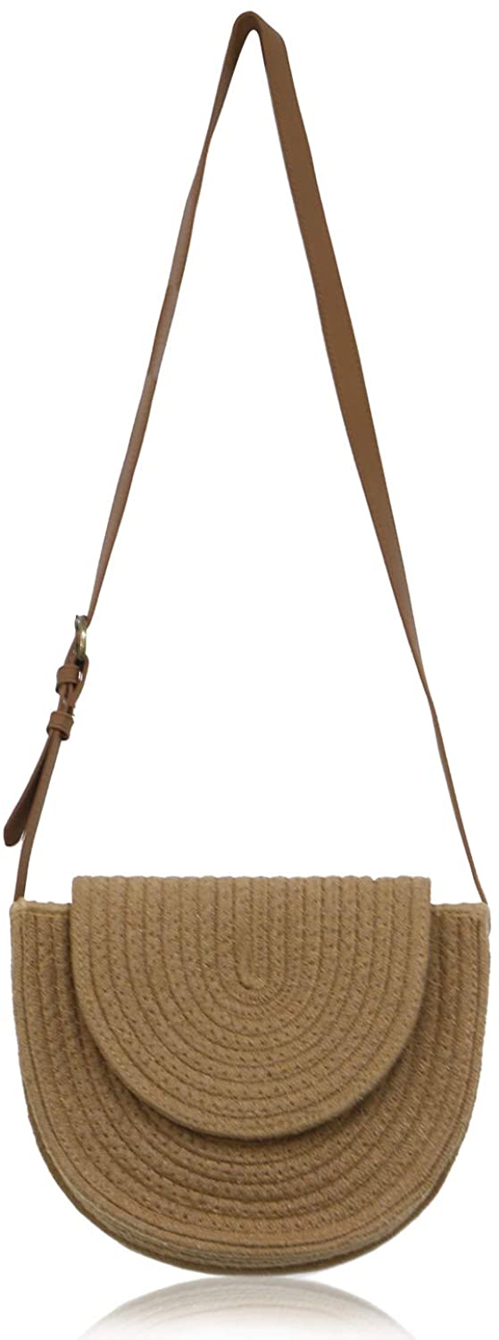 Price:$34.99 QTKJ Semi-circle Cotton Rope Shoulder Bag, Handwoven Summer Travel Boho Crossbody Bag with Adjustable Brown Leather Shoulder Strap for Women (Khaki)  Handbags   