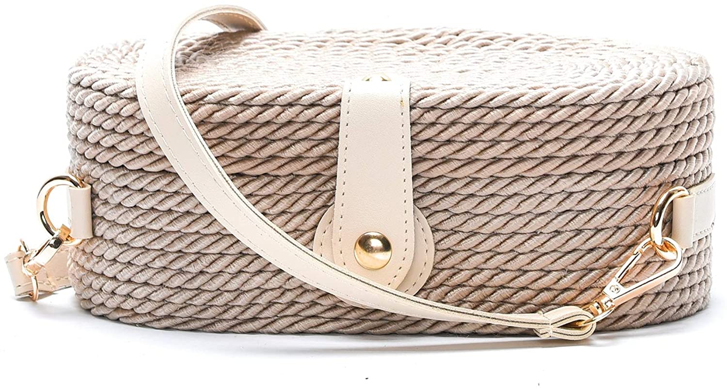 Price:$26.99 Handwoven Oval Crossbody Straw Shoulder Bag for Women with Shoulder Leather Strap(BEIGE)  Handbags   