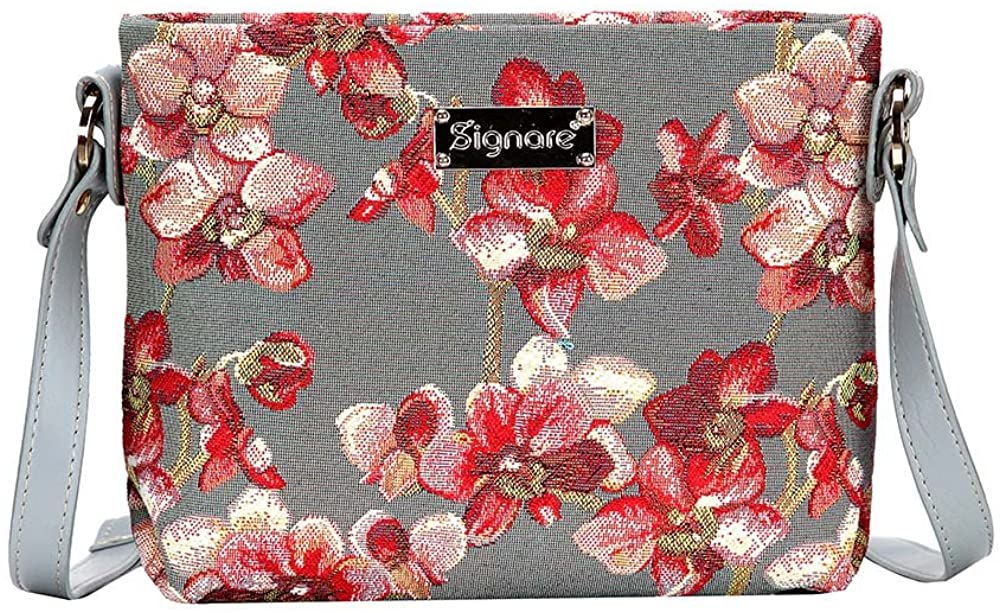 Price:$29.99 Signare Tapestry Crossbody Purse Small Shoulder Bag for Women with Orchid Grey and Red Design (XB02-ORC)  Handbags   