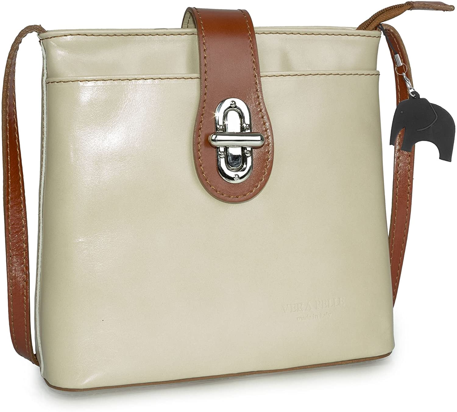 Price:$39.99 LiaTalia Womens Small Cross-Body Handbag - Italian Leather Shoulder Messenger Style Bag - Piper (Nude - Tan Trim)  Handbags   