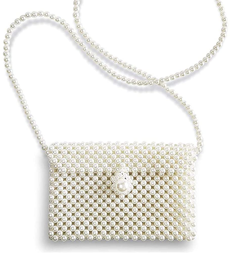 Price:$22.99 Vintage Style Beaded Pearl Flap Shoulder Evening Bag Party Prom WeddingPurse for Women & Girl  Handbags   