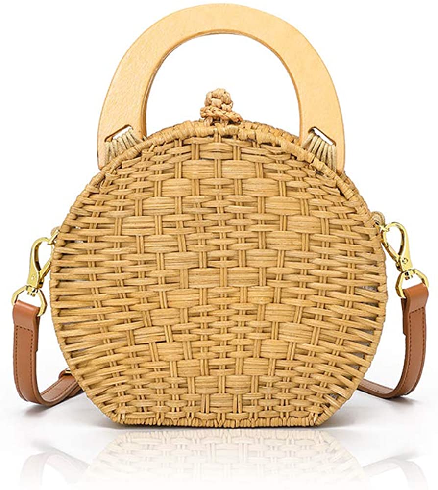 Price:$55.99    QTKJ Hand-Woven Round Rattan Wooden Handle Tote Bag Summer Beach Straw Crossbody Bag Shoulder Bag with Adjustable Removable Leather Shoulder Strap  Clothing