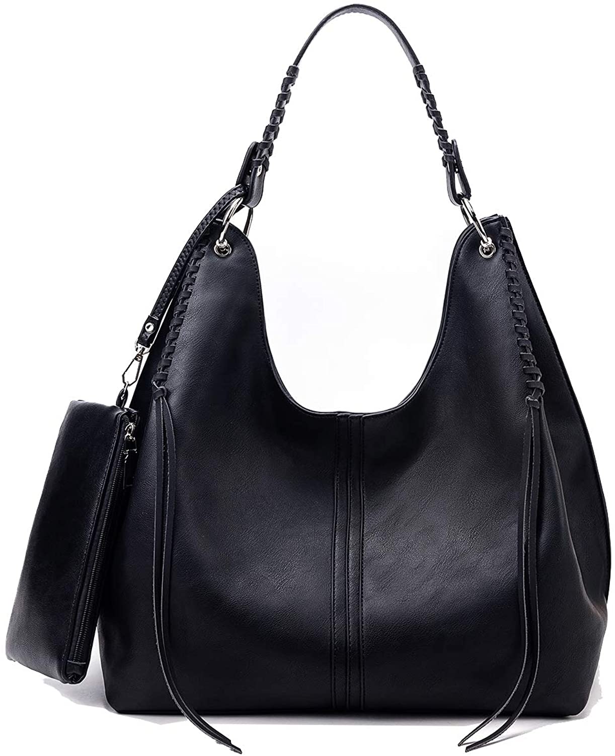 Price:$38.99    Handbags for Women Large Designer Tote Bag Hobo bag Crossbody Shoulder Bag Top Handle Bucket Purse Soft Faux Leather Set 2pcs Black  Clothing
