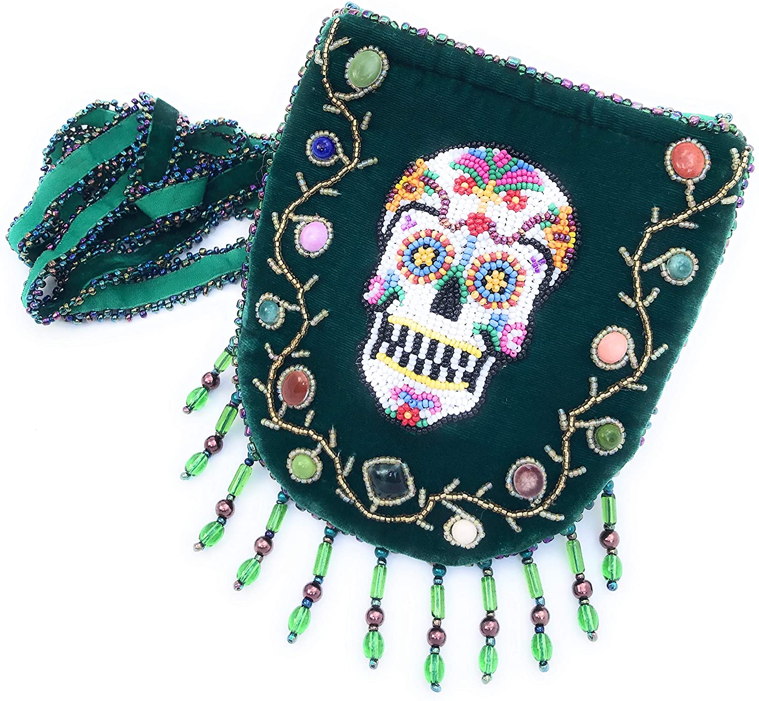 Price:$14.99 Sugar Skull beaded velvet Shoulder Crossbody bag W 5.5” x L 7.5” w/tassel  Handbags   