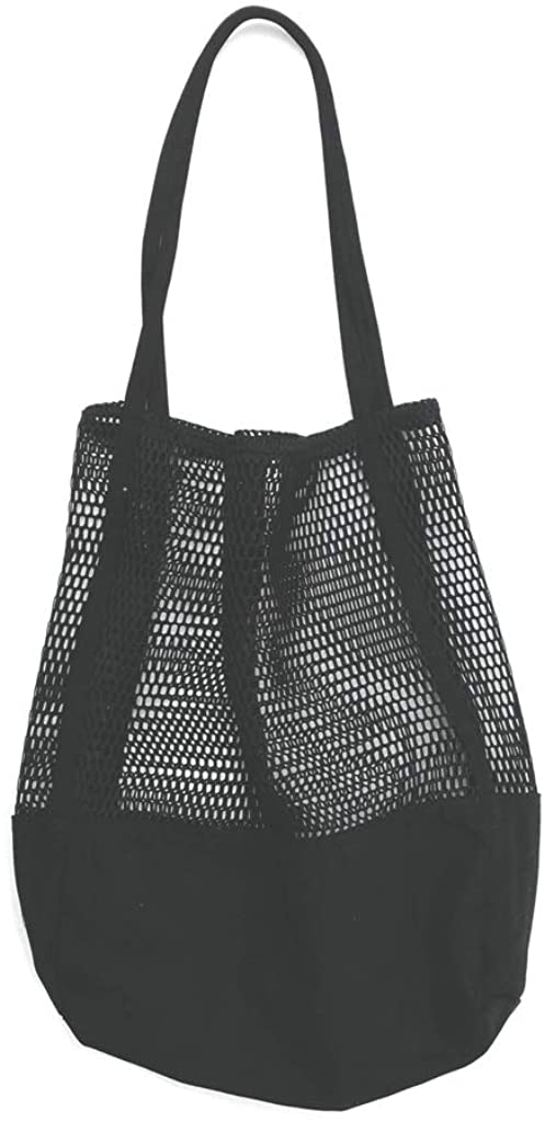 Price:$17.99 Chezi Mesh Canvas Shopping Bag Beach Bag Large Shoulder Bag Black  Handbags   