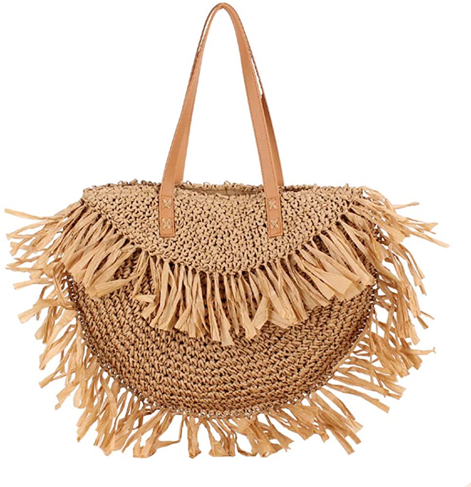Price:$19.99 YYHJM Semi-Round Tassel Shoulder Straw Bag Spike Paper Woven Bag Beach Bag Fasion Handbag for Women Light Brown  Handbags   