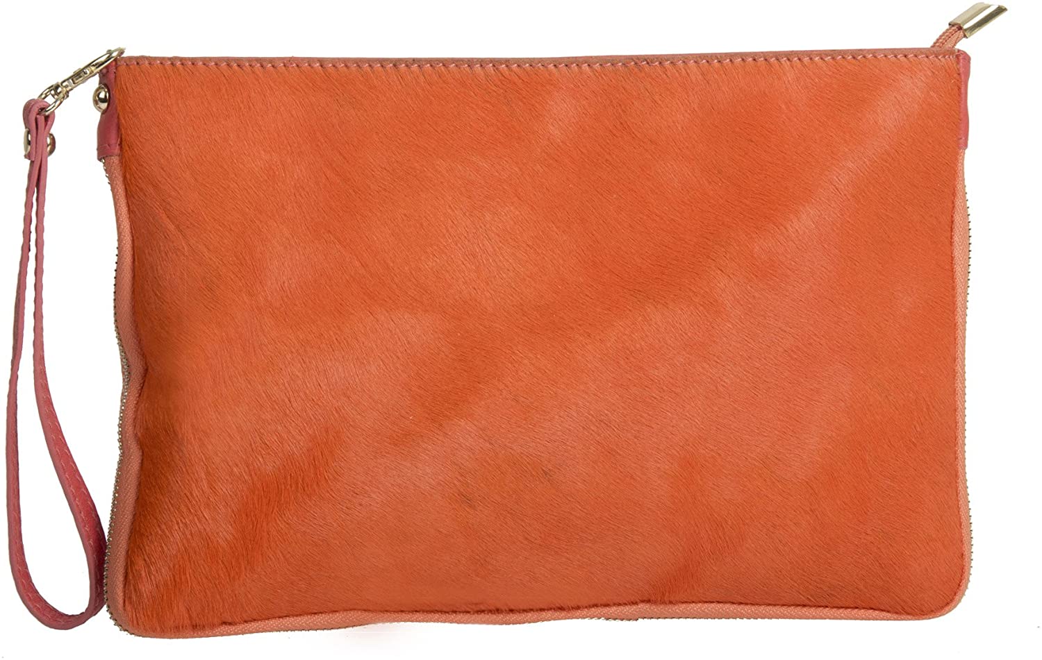 Price:$25.00 Women's Real Leather Clutch Purse - Genuine Italian Leather Wristlet Purse - With Long Shoulder Strap (Orange)  Handbags   