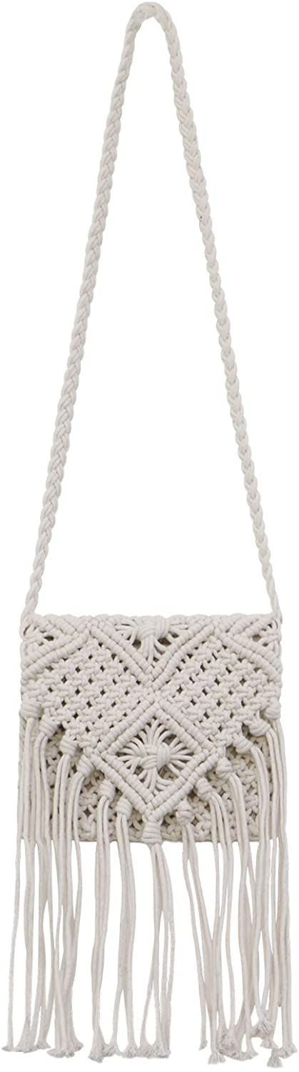 Price:$28.99 QTKJ Women's Crochet Square Crossbody Bag Hand-Woven Boho Tassels Summer Beach Cotton Messenger Shoulder Bag with Zipper (White)  Handbags   