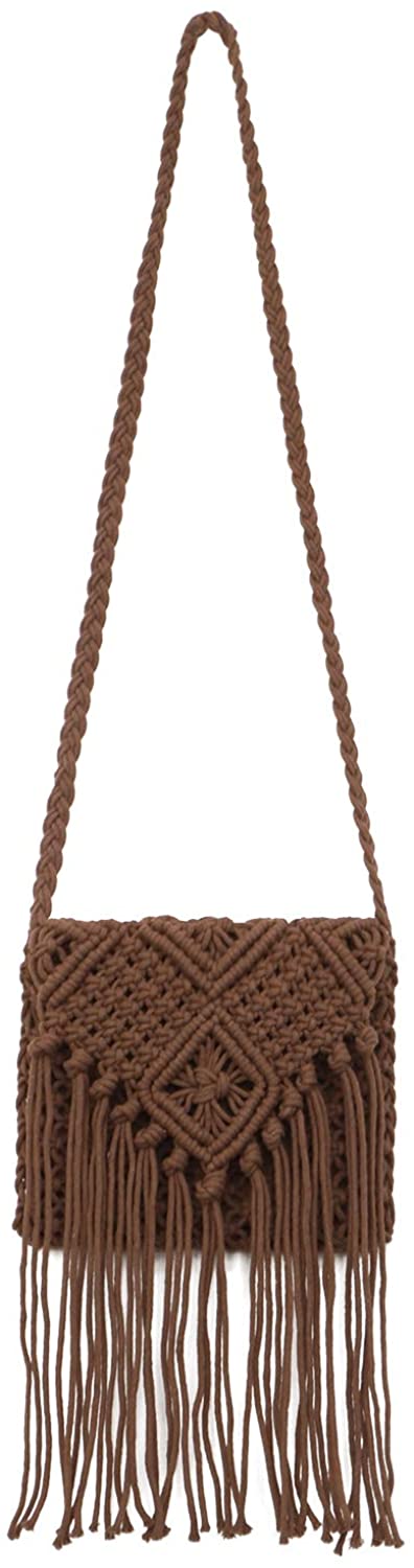 Price:$25.99 QTKJ Women's Crochet Square Crossbody Bag Hand-Woven Boho Tassels Summer Beach Cotton Messenger Shoulder Bag with Zipper (Dark Coffee)  Handbags   