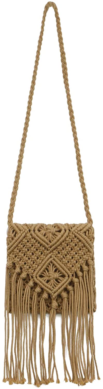 Price:$25.99 QTKJ Women's Crochet Square Crossbody Bag Hand-Woven Boho Tassels Summer Beach Cotton Messenger Shoulder Bag with Zipper (Khaki)  Handbags   