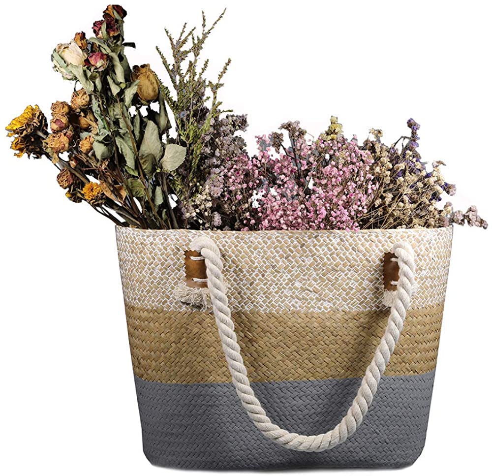 Price:$35.99 Owrieo Straw Beach Tote Shoulder Bag Womens Large - Washable Lining Leather handle  Handbags   