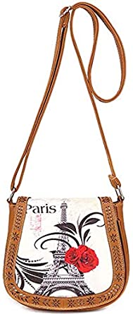 Price:$7.99 Jackieyoung Hollow Leaves Paris Tower Flower Print Shoulder Crossbody Messenger Bag for women B1802-Khaki  Handbags   