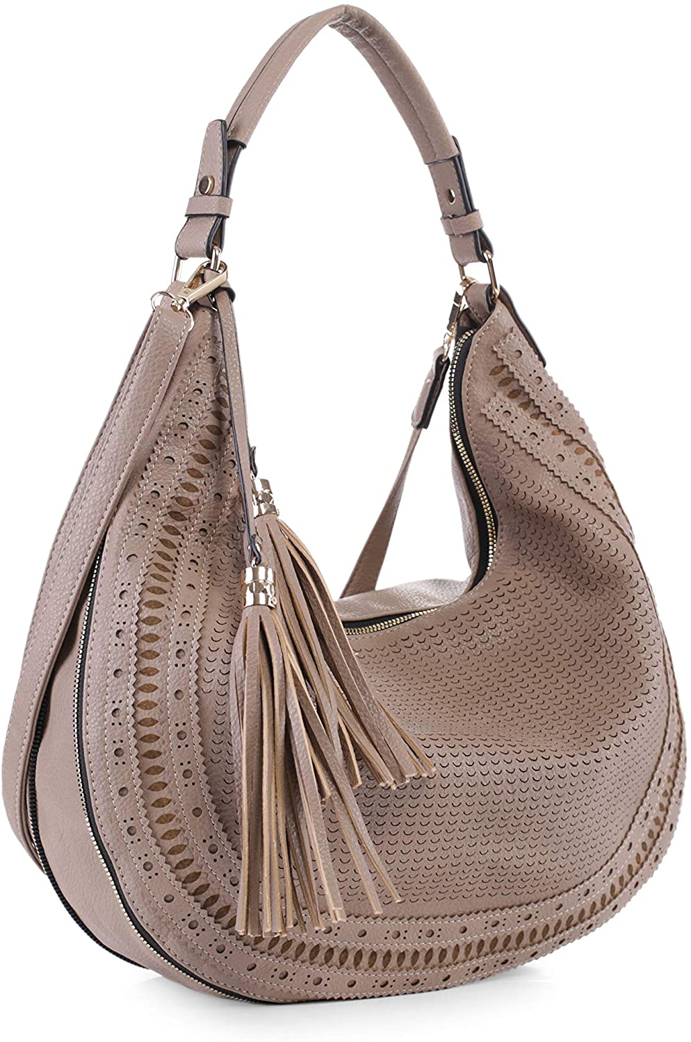 Price:$39.99    SG SUGU Fashion Double Tassel Large Hobo Shoulder Handbag Purse for Women| Perforated Khaki  Clothing