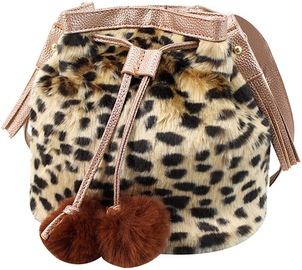Price:$26.80    Rebecca Plush Drawstring Bucket Bag Faux Fur Shoulder Bag Pompon Tote (Brown)  Clothing