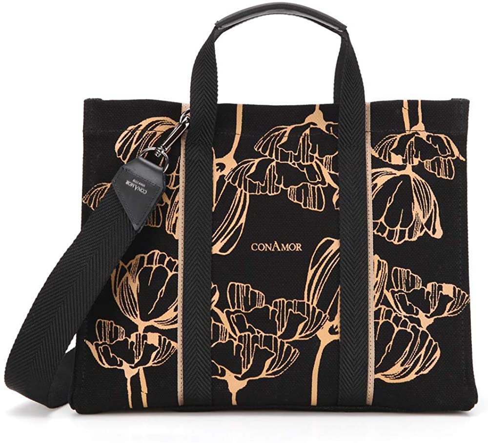 Price:$98.00    CONAMOR Black Fleur Tote Bag Small, Casual Shoulder Strap Crossbody Bag, Flower Printing Canvas Bag  Clothing