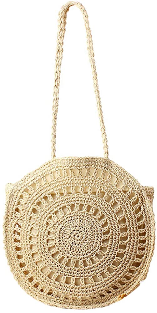 Price:$26.99 HIKEL Round Hollow Rattan Bag Straps Straw Shoulder Bag for Womens, Beach Travel Woven bag, Summer Cross Body Bag (Beige)  Handbags   