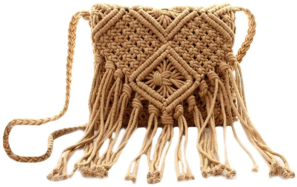 Price:$15.99    Heidi Women Straw Crossbody Bag Handmade Woven Tassels Shoulder Purse Beach Tote Handbag Brown  Clothing