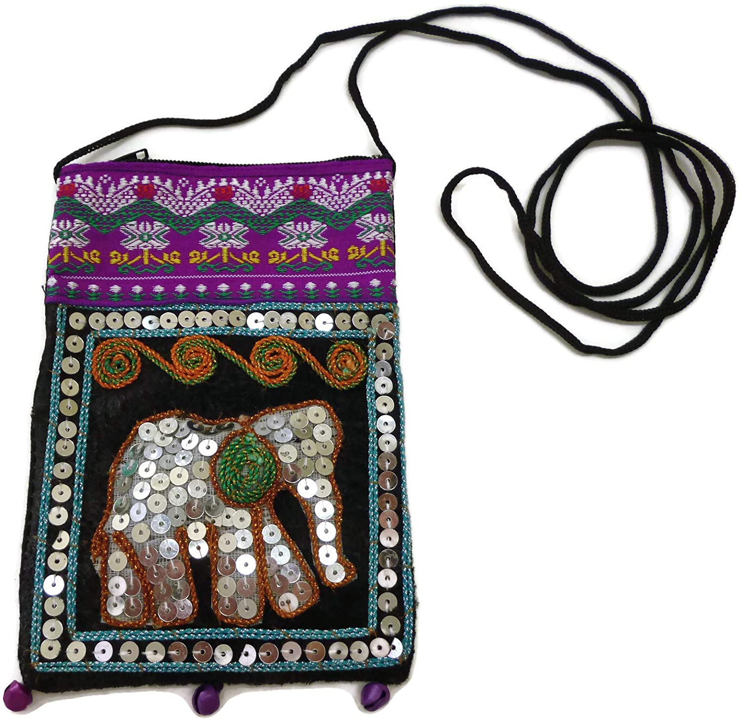 Price:$8.35 Moose546 Hmong Handbag Sequins Neck Wallet Embroidered Elephant Ethnic Necklace Purse Pouch for Girls BG-025 (Purple)  Handbags   