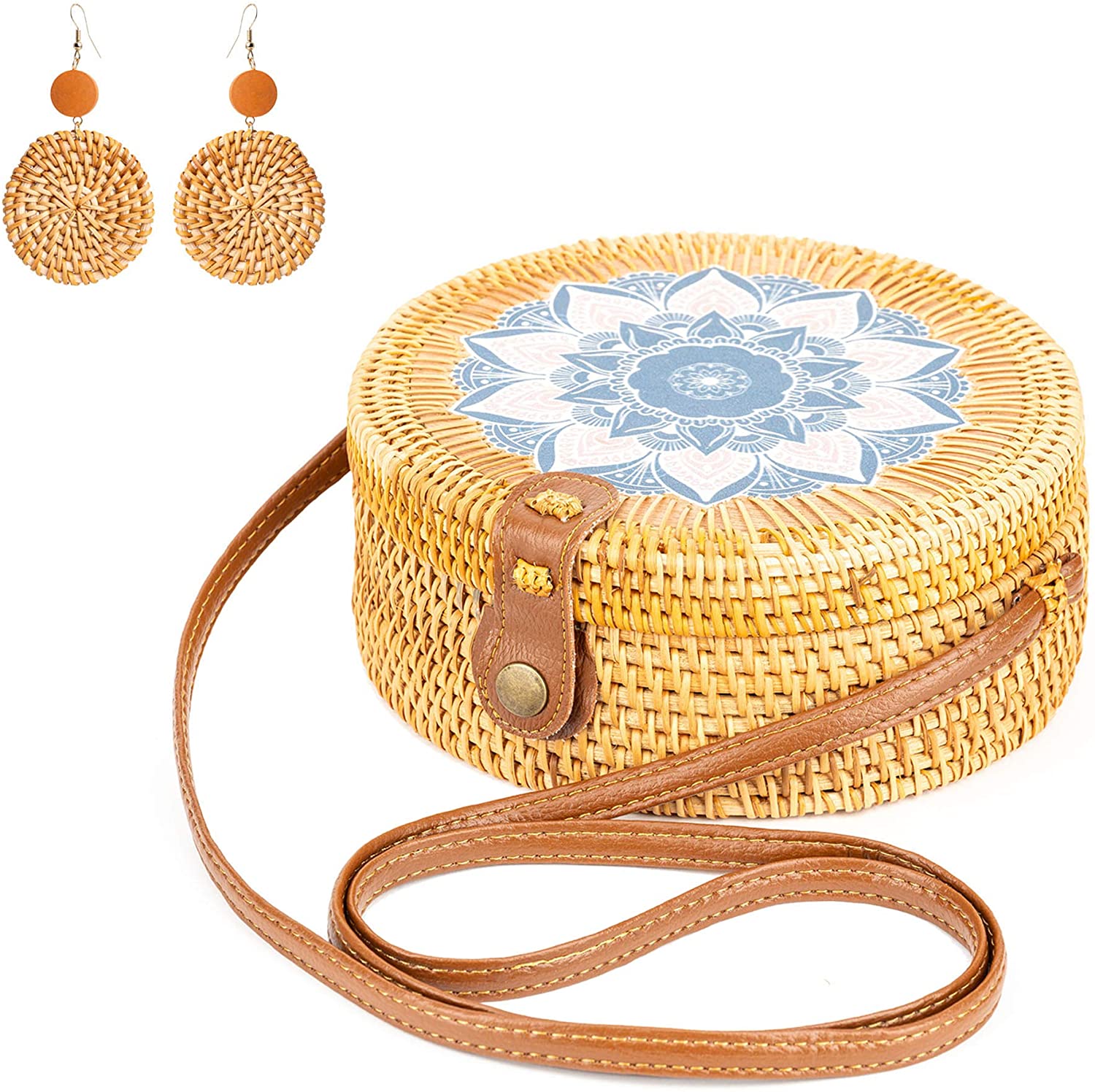 Price:$19.99 Handwoven Round Rattan Bag Shoulder Leather Straps natural Chic Hand  Handbags   