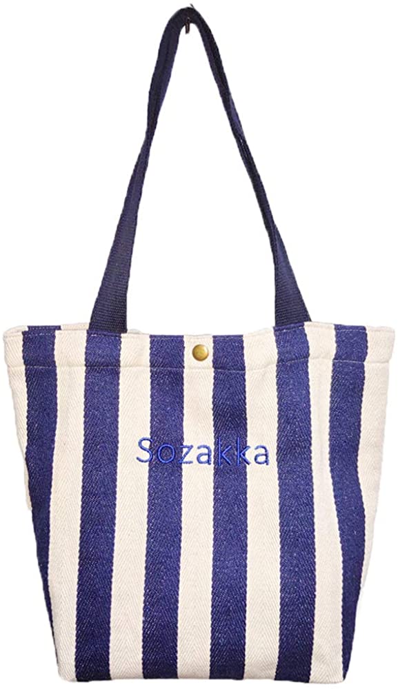 Price:$10.28    Keyuhan Large capacity stripe embroidered canvas bag simple shoulder bag retro leisure Women's tote bag.(Blue)  Clothing