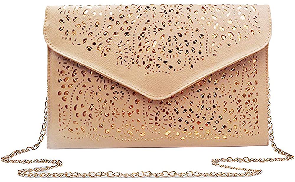 Price:$12.99 ZLMBAGUS Women Hollow Out Floral Pattern Envelope Handbag Fashion PU Tote Evening Clutch Chain Crossbody Shoulder Bag Beige  Handbags   
