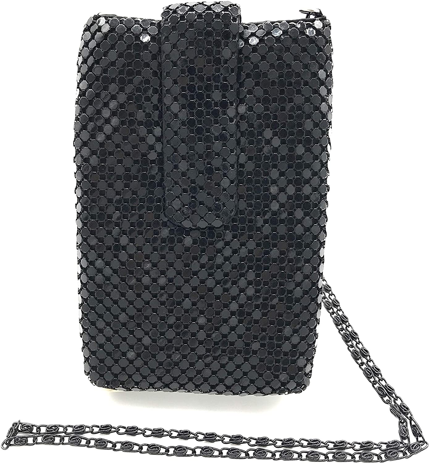 Price:$10.30 Women's Metal Mesh Cell Phone Pouch Wallet Purse Bag Cases Mini Cross-Body Shoulder Strap (Black)  Handbags   