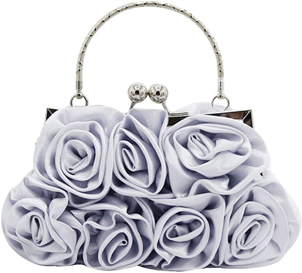 Price:$13.99 Adela Women Satin Rose Evening Clutch Bags Party Tote Handbag Flower Wedding Detachable Strap Shoulder Bag, Silver  Handbags   
