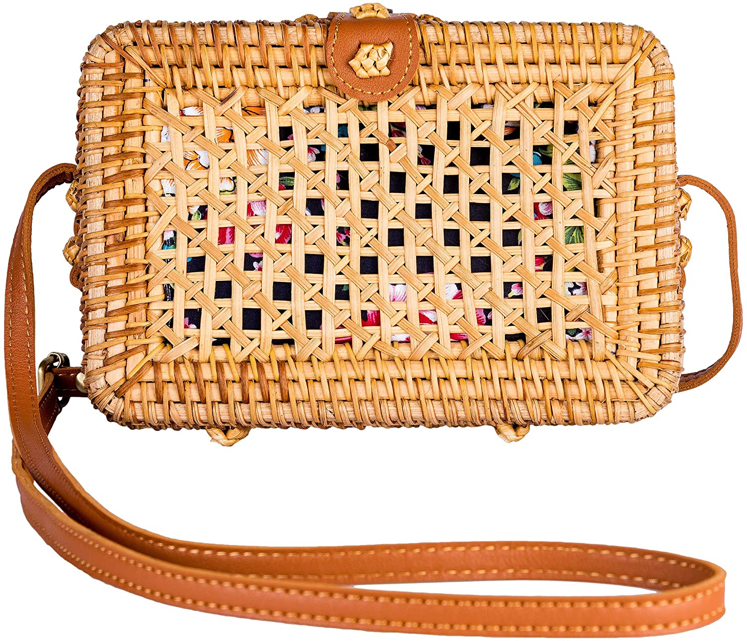 Price:$19.99 Retro Straw Bag Boho Vintage Rectangular Crossbody Purse Rattan Hand Woven For Women Shoulder Crossbody Necessities Wicker Purses In Summer Vacation With Flower Pattern - Minerva Bags  Handbags   