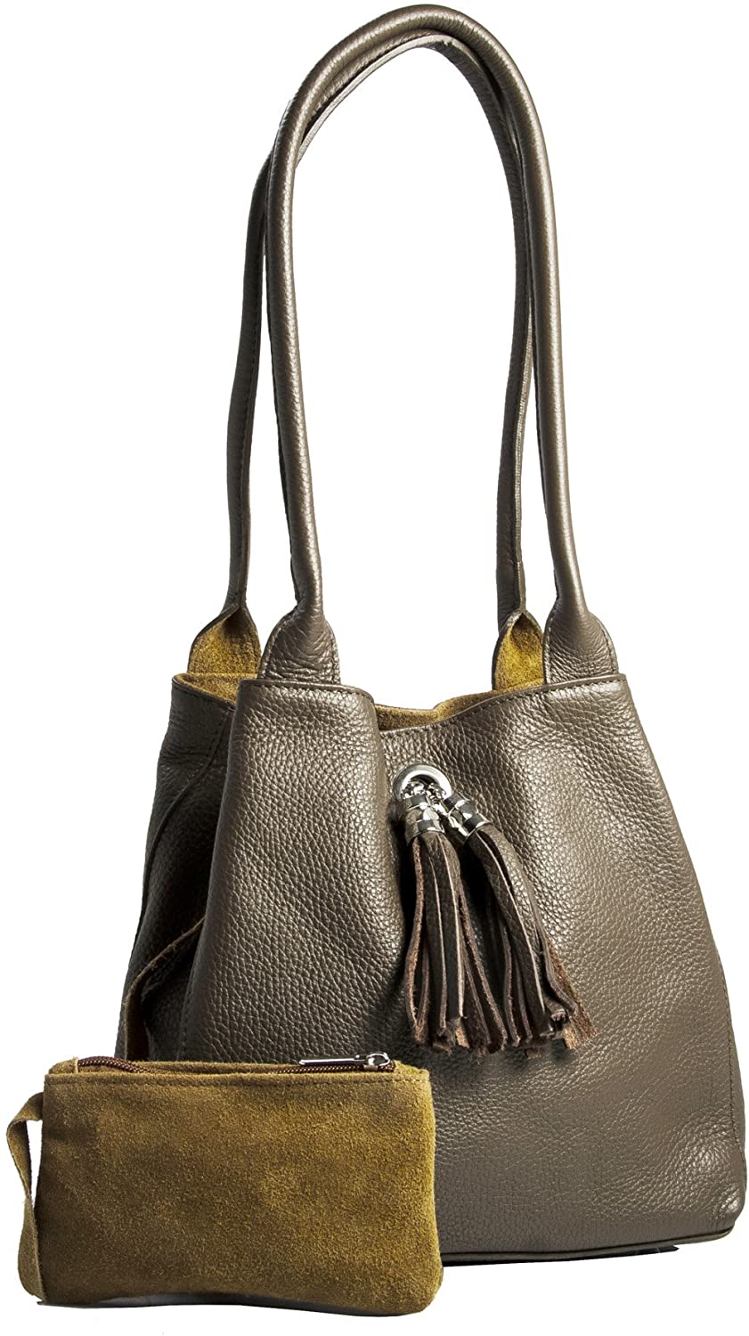 Price:$45.00 LiaTalia Womens Two in One Real Leather with Reversible Suede Medium Size Slouch Shoulder Bag - ELLA [Deep Taupe]  Handbags   