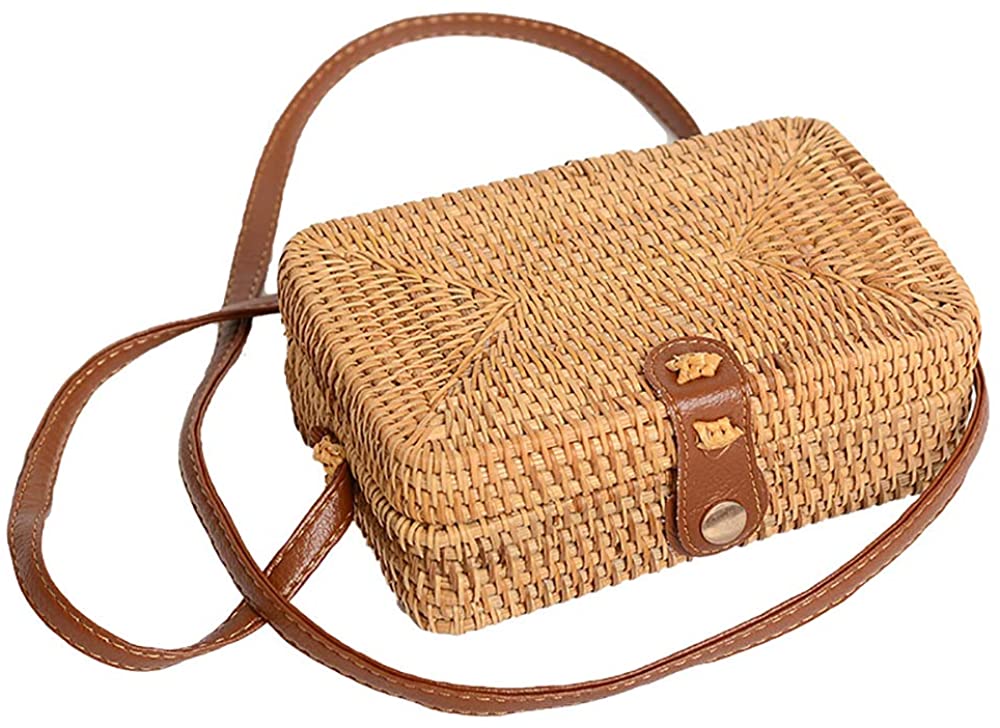 Price:$15.99 Handwoven Rattan Square Crossbody Bag Leather Straps Straw Shoulder Bag for Women  Handbags   