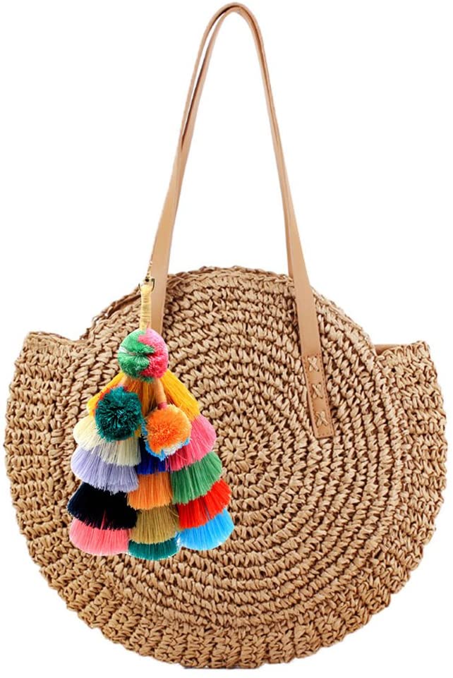 Price:$27.99    Abuyall Women Round Straw Shoulder Bag Weave Summer Beach Top Handle Handbag B  Clothing