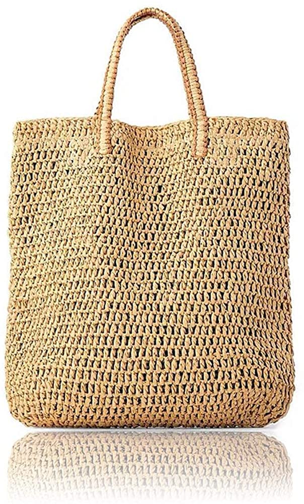 Price:$48.99    QTKJ Fashion Hand-Woven Soft Large Shoulder Bag Boho Straw Leather Handle Tote Retro Summer Travel Beach Handbag (Beige)  Clothing