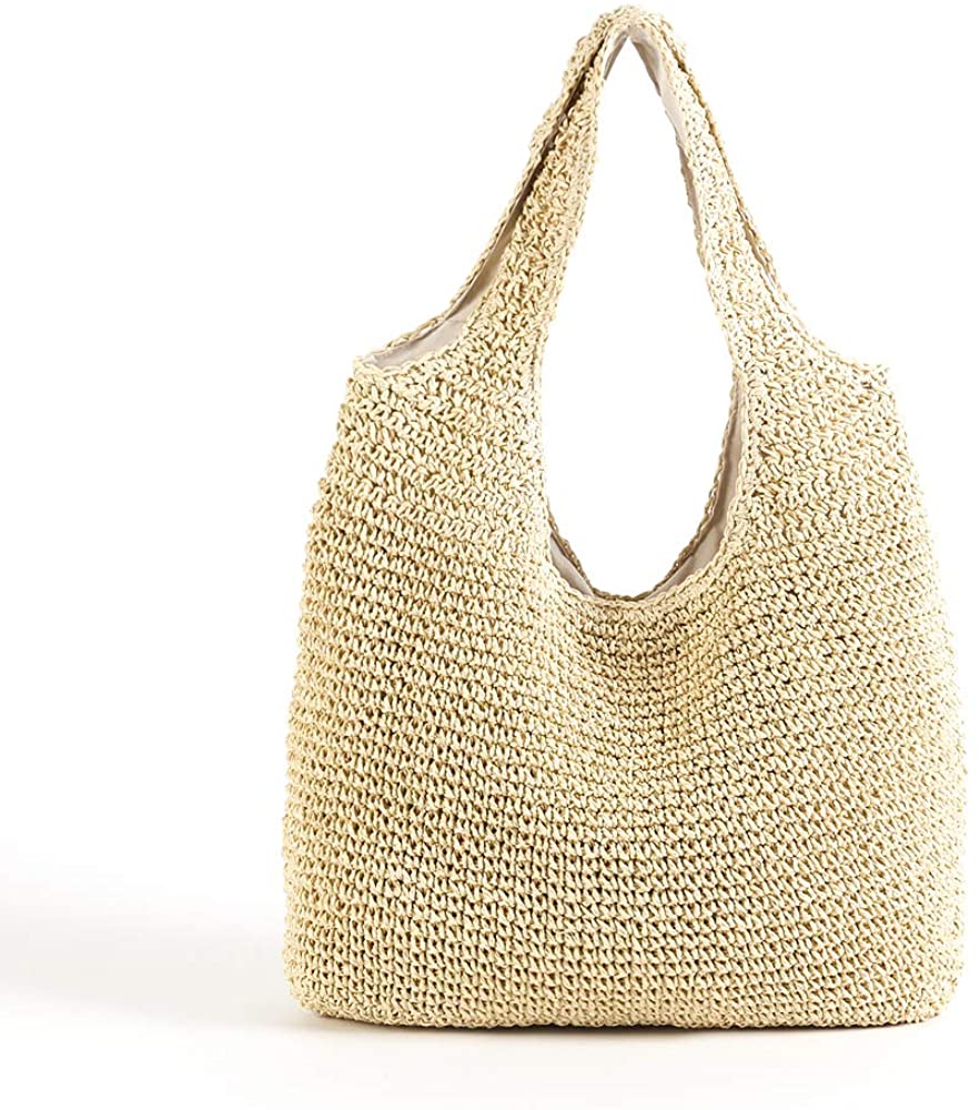 Price:$35.49    QTKJ Hand-woven Soft Large Straw Shoulder Bag Boho Straw Handle Tote Retro Summer Beach Bag Rattan Handbag (Beige)  Clothing