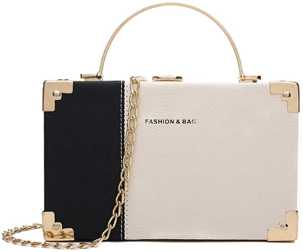 Price:$28.29 Van Caro Women Evening Clutch Bag Contrast Color, PU Leather Square Box Shoulder Handbag for Wedding Party Tote Purse Black  Handbags   