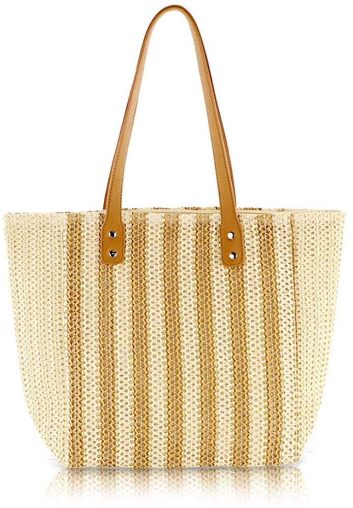 Price:$24.99    QTKJ Women Summer Soft Straw Beach Stripe Bag Handwoven Big Tote Bag with Leather Shoulder Strap Handbag Shoulder Bag (Beige&Brown)  Clothing