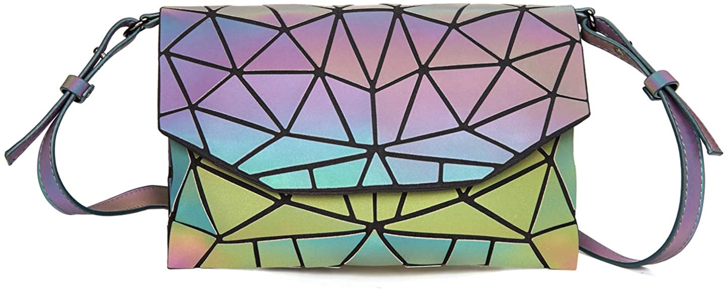 Price:$23.99    GOWETION Unique Symmetrical Geometric Luminous Purse Handbags For Women Girl Crossbody Shoulder Bag Wallet Clutchs Holographic Wallet Reflective Messenger Bags Color Changing Purse （colorful1）  Clothing