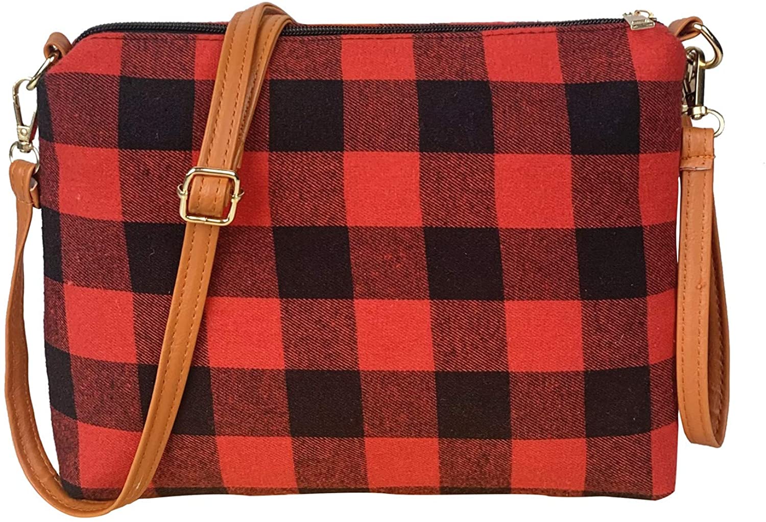 Price:$12.99 THOUSMOON Plaid Crossbody Bag Zipper Purse Wristlet Handbags with Detachable Adjustable Shoulder Strap (red plaid)  Handbags   