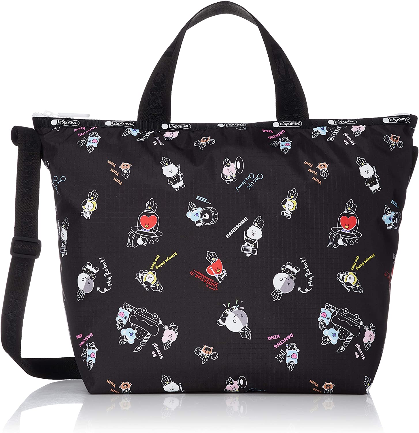 Price:$65.99    LeSportsac Black/Multi Color Characters Easy Carry Tote Crossbody + Top Handle Handbag, Style 2431/Color K903, LeSportsac Logo Strap/Handles, White Zipper & Zipper Pull  Clothing