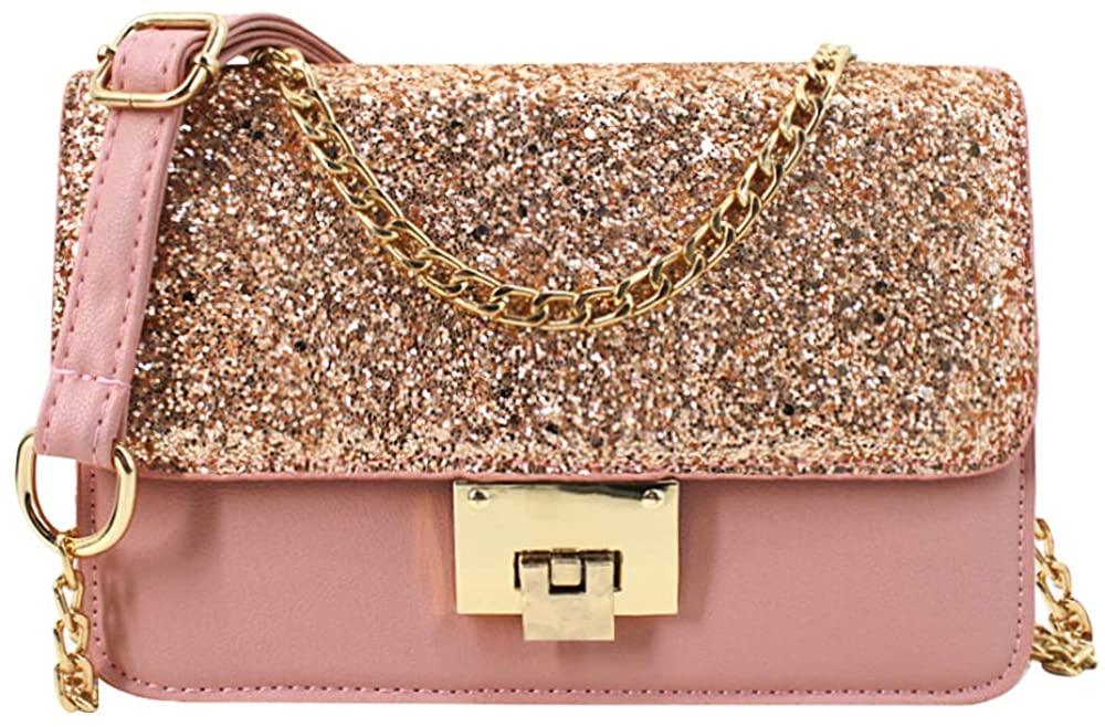 Price:$26.99    Felice Women Glitter Sequins Leather Crossbody Bag Shoulder Bag Multi Compartment Chain Tote Handbag Purse (pink)  Clothing