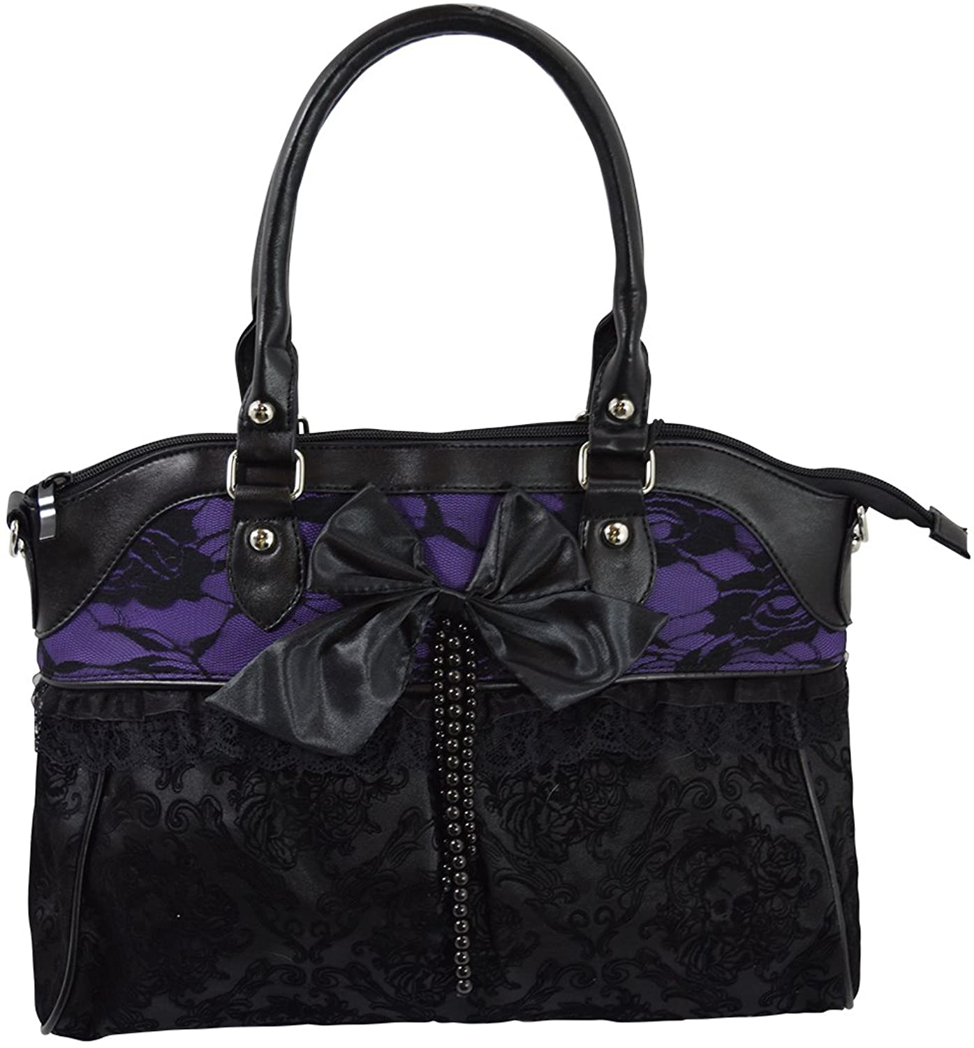 Price:$47.95 Lost Queen Victorian Gothic Dark Princess Velvet Skull Flocked with Bow Handbag  Handbags   