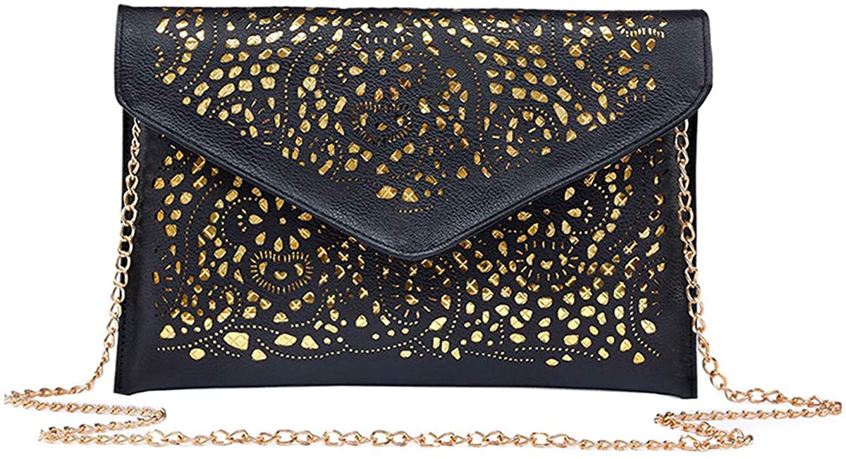 Price:$12.84 Heidi Bag Women Envelope Clutch Purse PU Leather Evening Handbag Hollow Out Shoulder Crossbody Bags with Gold Chain Strap  Handbags   