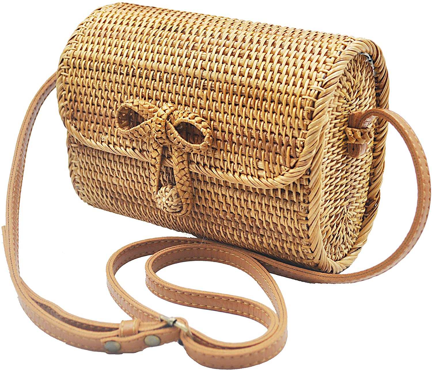 Price:$33.99 HAAN Handwoven Wicker Crossbody Wallet Boho Purse Oval Rattan Bag For Summer Beach - Natural Stylish & Chic – Shoulder Real Leather Adjustable Strap  Handbags   