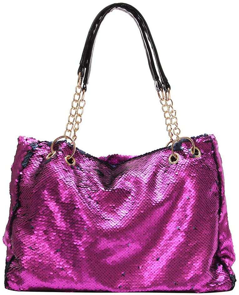 Price:$34.99    QTKJ Fashion Two Tone Reversible Sequin Tote Bag Zipper Shoulder Bag with Chain and Leather Straps (Rose Red)  Clothing