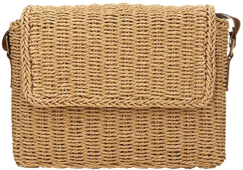 Price:$13.99    Women Straw Shoulder Bag Flap Crossbody Handbag Summer Casual Bag Messenger Satchel for Summer Beach, Khaki, One Size  Clothing