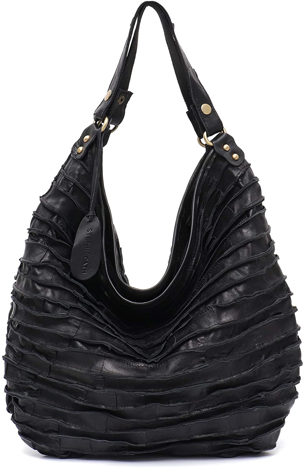 Price:$95.00    Genuine Leather STEPHIECATH Women's Shoulder Bag Large Casual Soft Lamp Skin Striped Tote Vintage Bag (BLACK)  Clothing