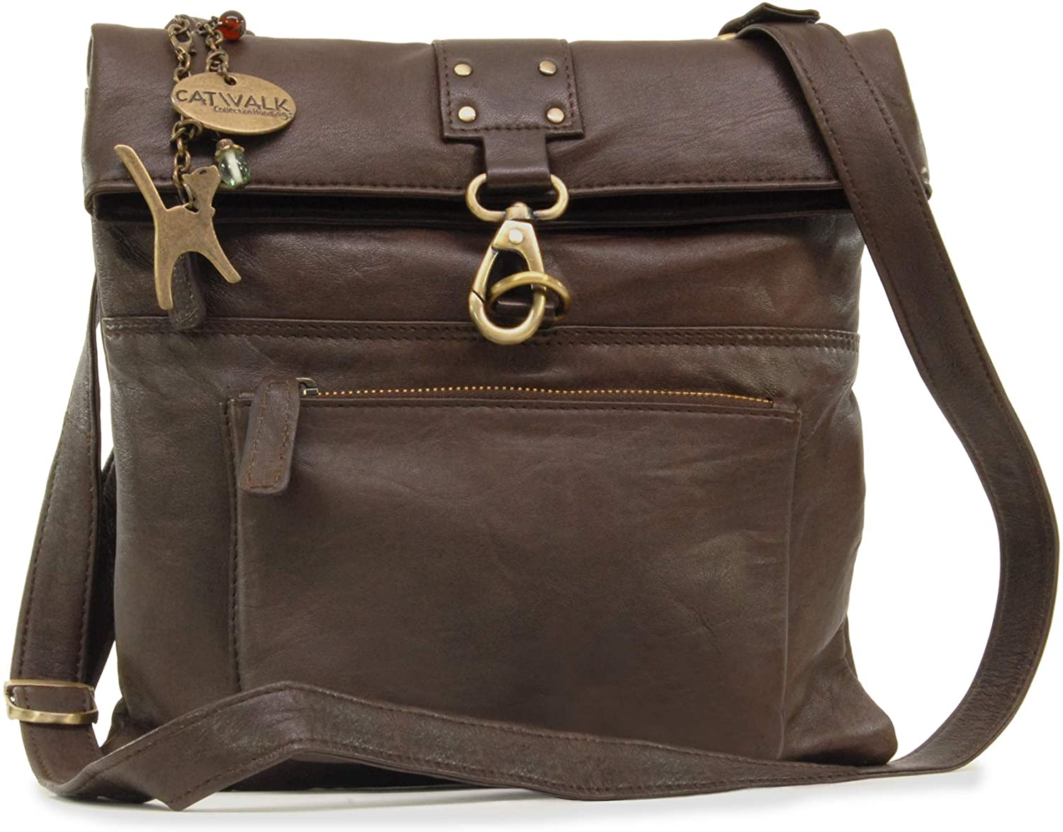 Price:$54.45 Catwalk Collection Handbags - Ladies Leather Cross Body Bag - Adjustable Shoulder Strap - DISPATCH - Dark Brown  Handbags   