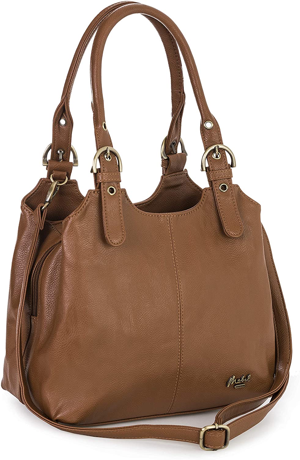 Price:$49.99 Mabel London Womens Multiple Pockets Handbag - Medium Size Multi Compartements Bag with a Long Shoulder Strap - AMELIA (Medium Tan)  Handbags   